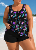 Megan – Ensemble Tankini et Shorts Grande Taille avec Coupe Ample et Motif Feuille