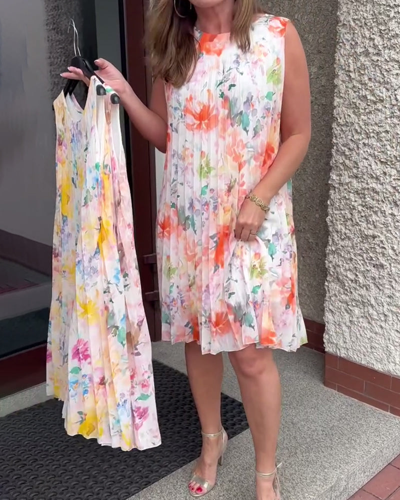 Robe Fleurie Plissée Sans Manches