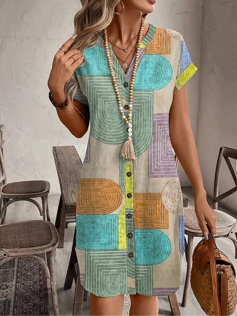 Prisme | Robe Mini à Imprimé Géométrique pour Femmes, Boutonnée, Décolleté en V