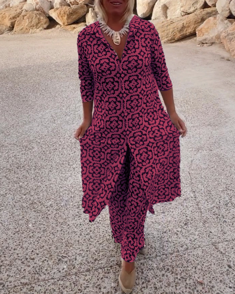 Mosa | Ensemble imprimé pour femmes, chemise longue et pantalon droit