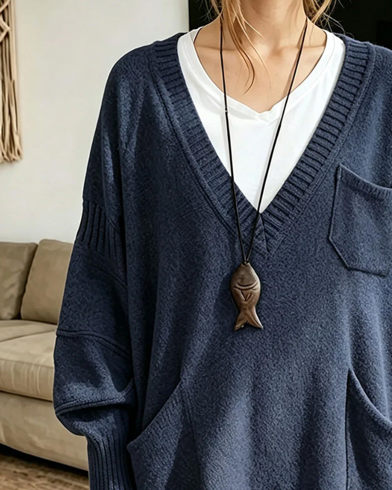 Pull Col V Poche Long