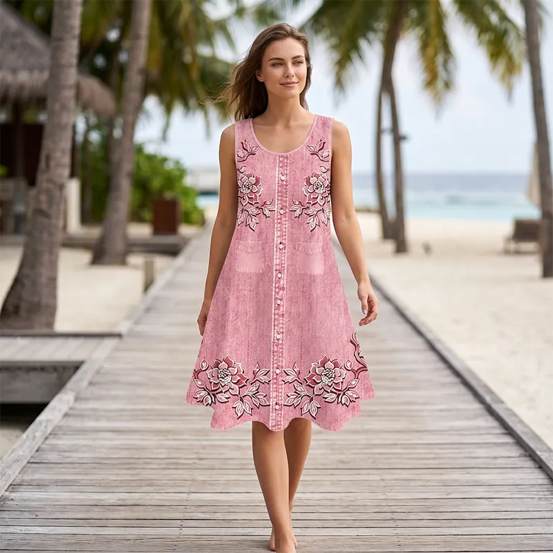 Robe femme sans manches florale avec boutons devant