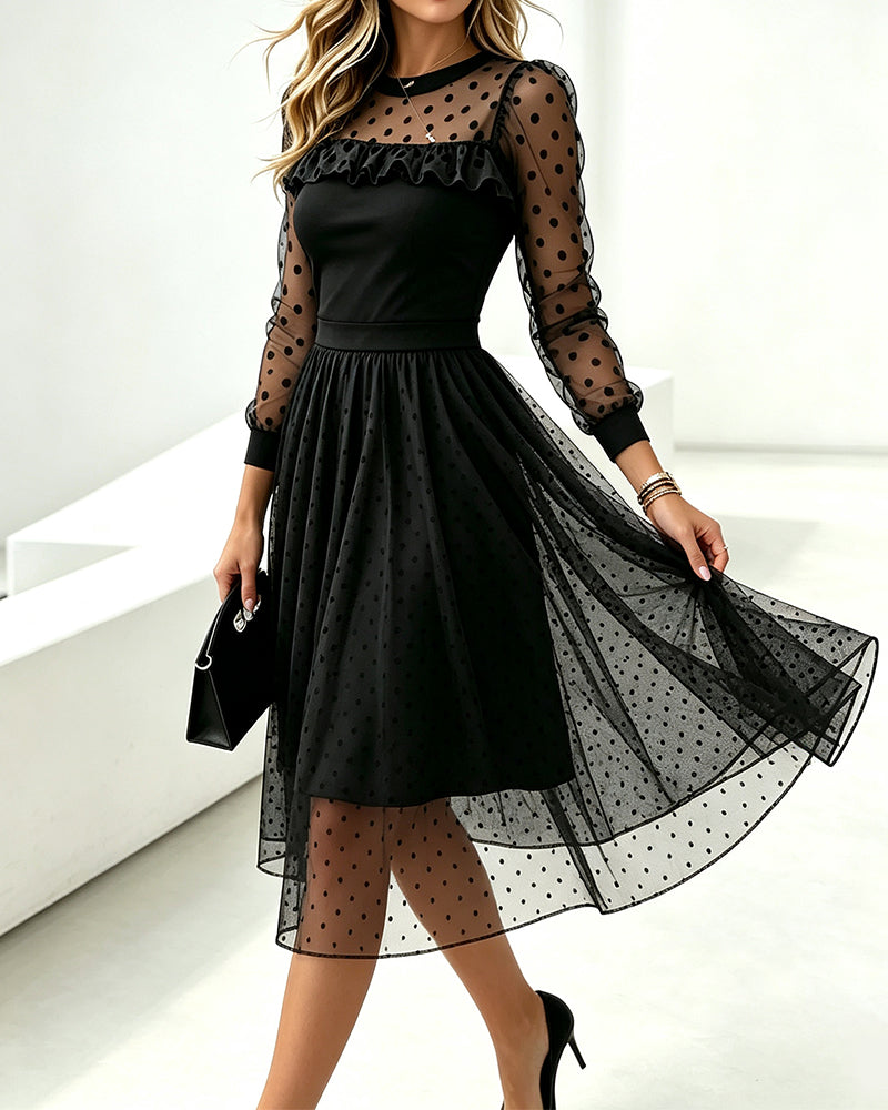 Robe Col Rond Dentelle À Pois Panneautée
