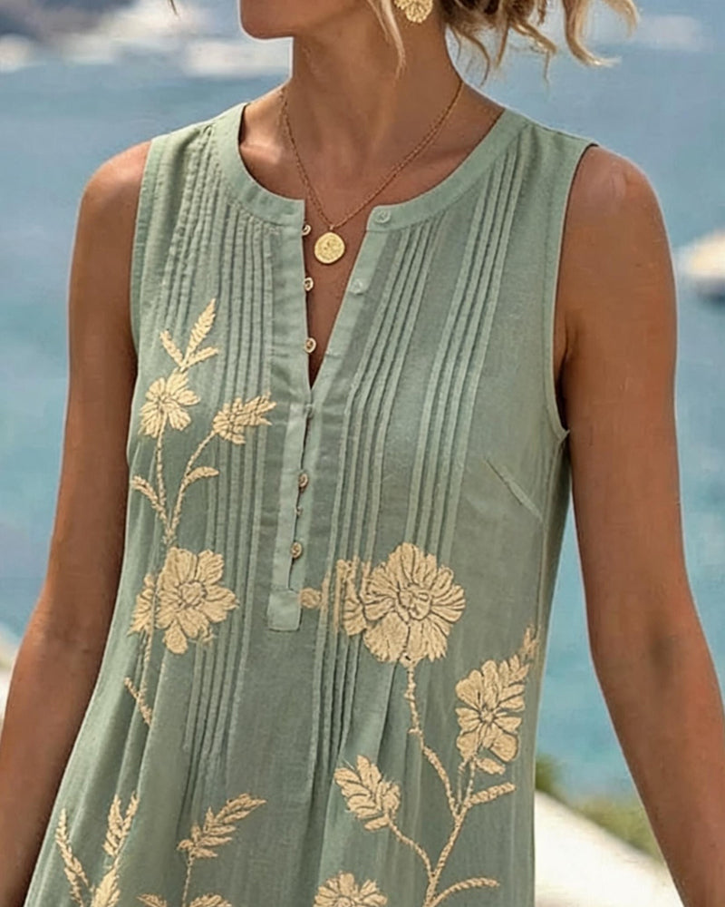Robe Col Rond Sans Manches Bouton Plissé Imprimé