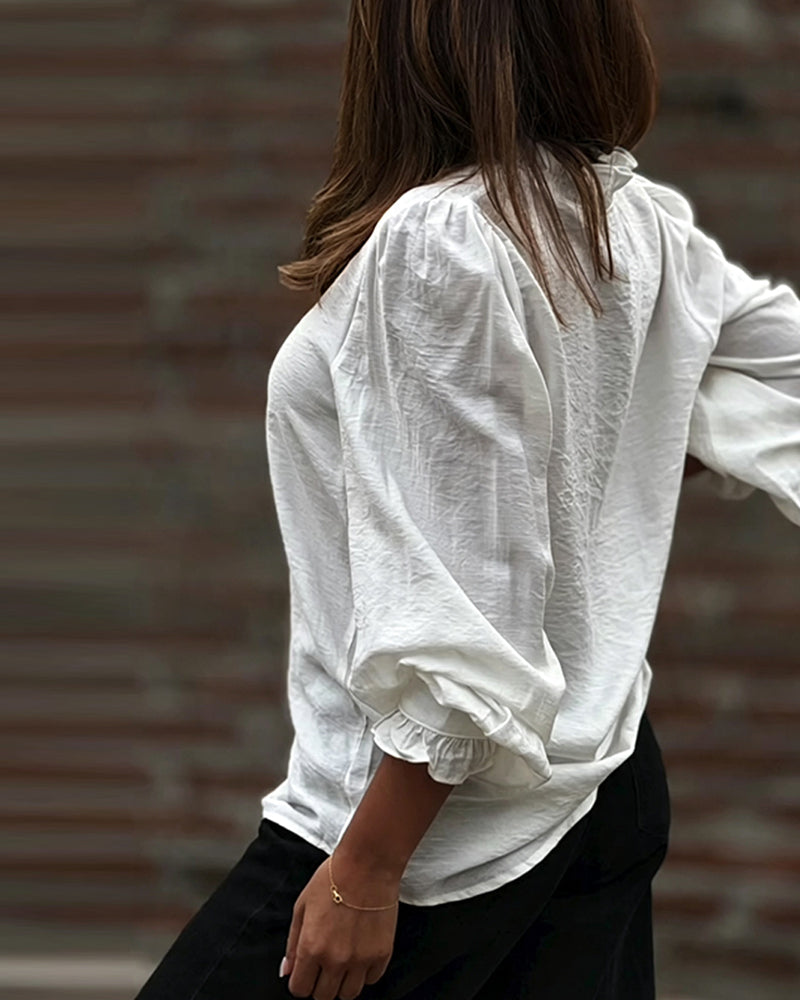 Blouse Col En V Bouton Devant Volant Manches Ballon