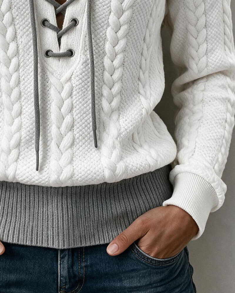 Blouse à Manches Longues en Tricot Câble avec Décolleté en V et Lacets