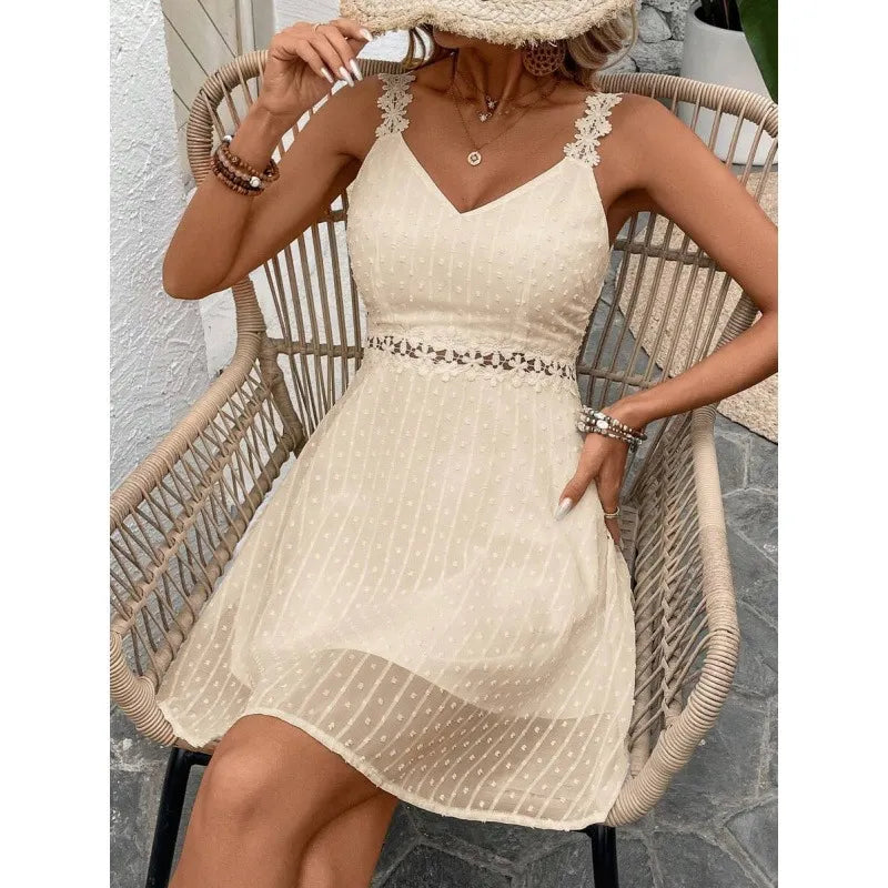 Robe mini femme à bretelles dentelle et pois plumetis