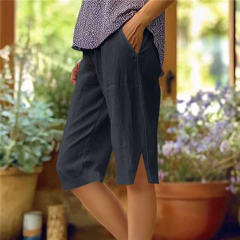 Pantalon capri femme uni avec poches latérales