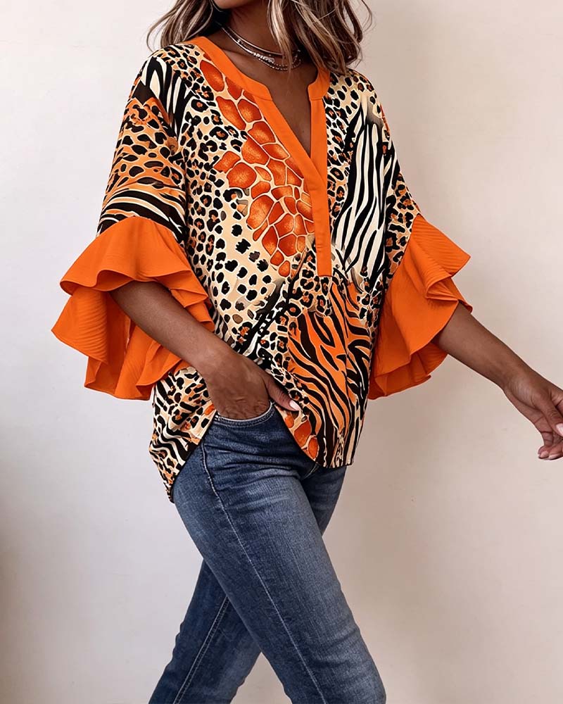 Blouse Zèbre Léopard Imprimé Volant Manche