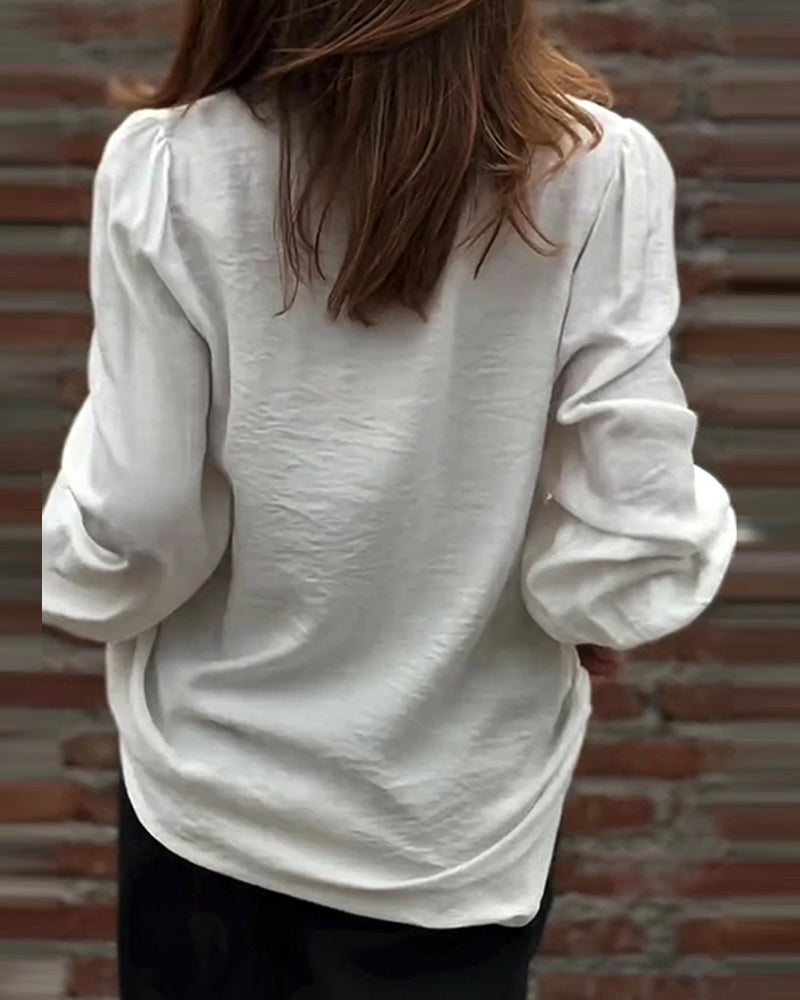 Blouse Col En V Bouton Devant Volant Manches Ballon