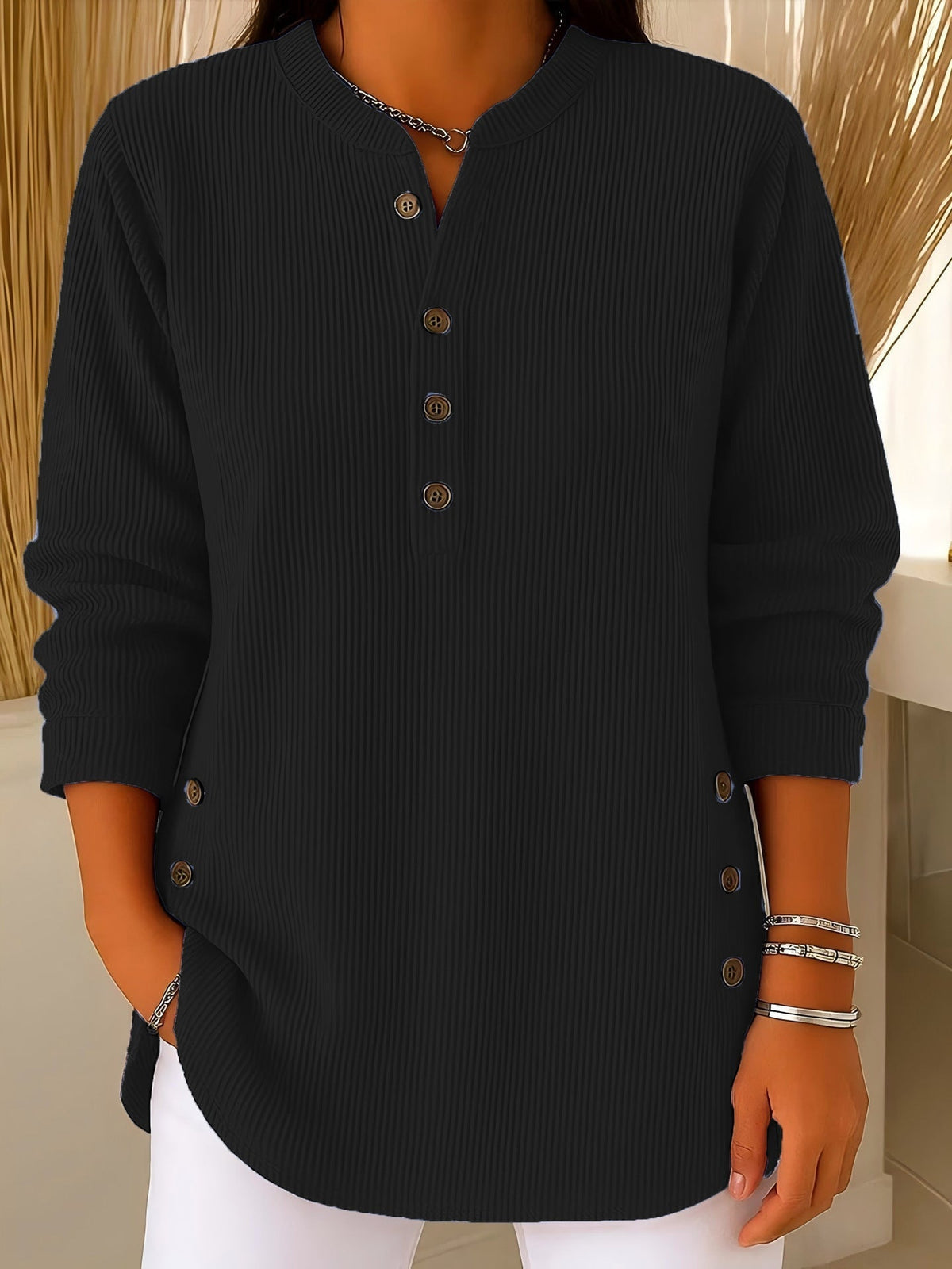 Blouse femme côtelée à boutons décoratifs