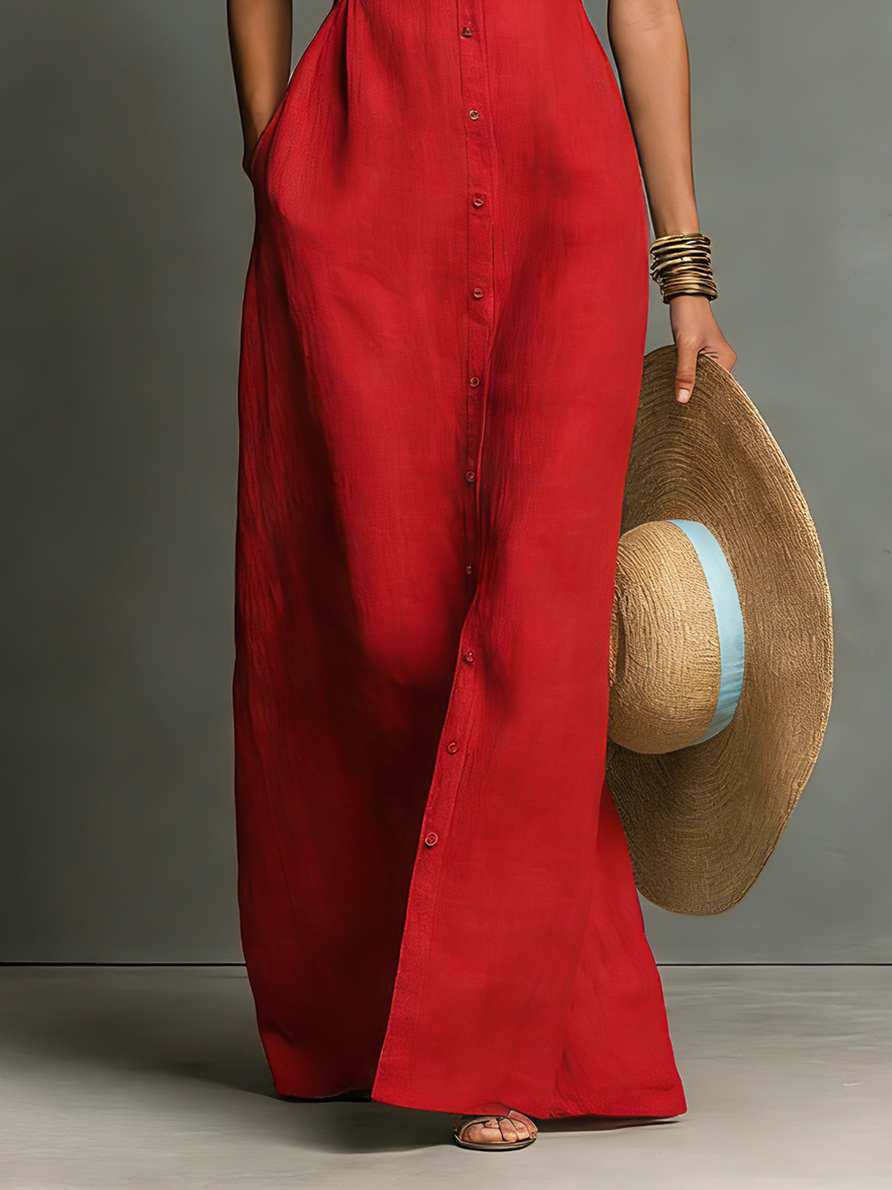 Robe chemise maxi sans col, sans manches et à boutonnière pour femmes