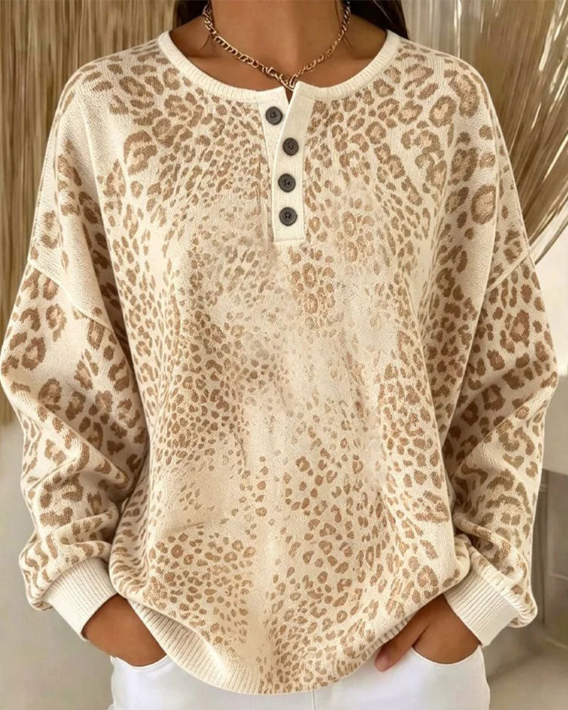 Sweatshirt Léopard Imprimé Col Rond Coupe Relax