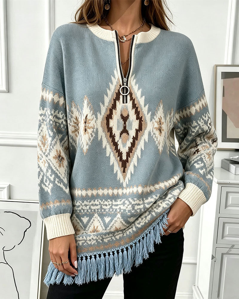 Pull Géométrique Jacquard Demi-Zip Bord Frangé