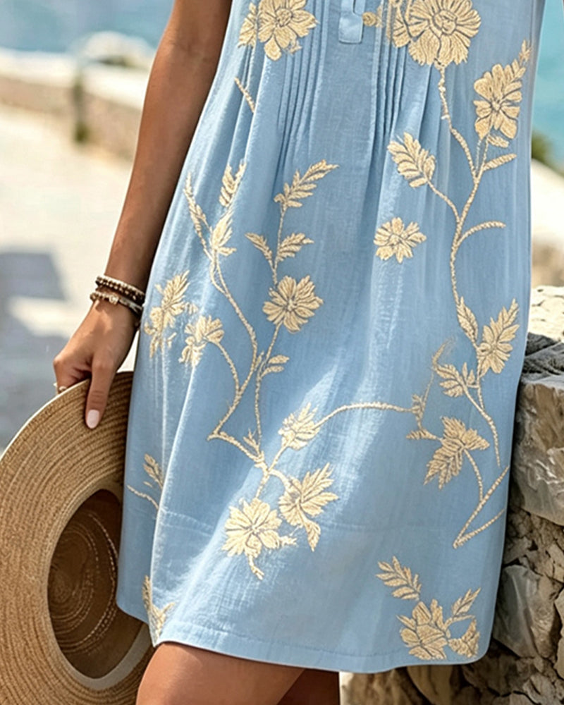 Robe Col Rond Sans Manches Bouton Plissé Imprimé
