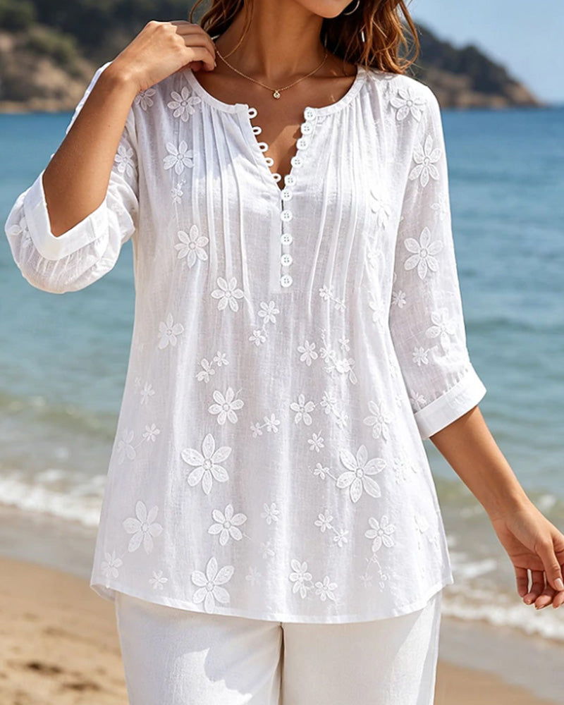 Blouse Bouton Devant Froncée Fleurie Unie