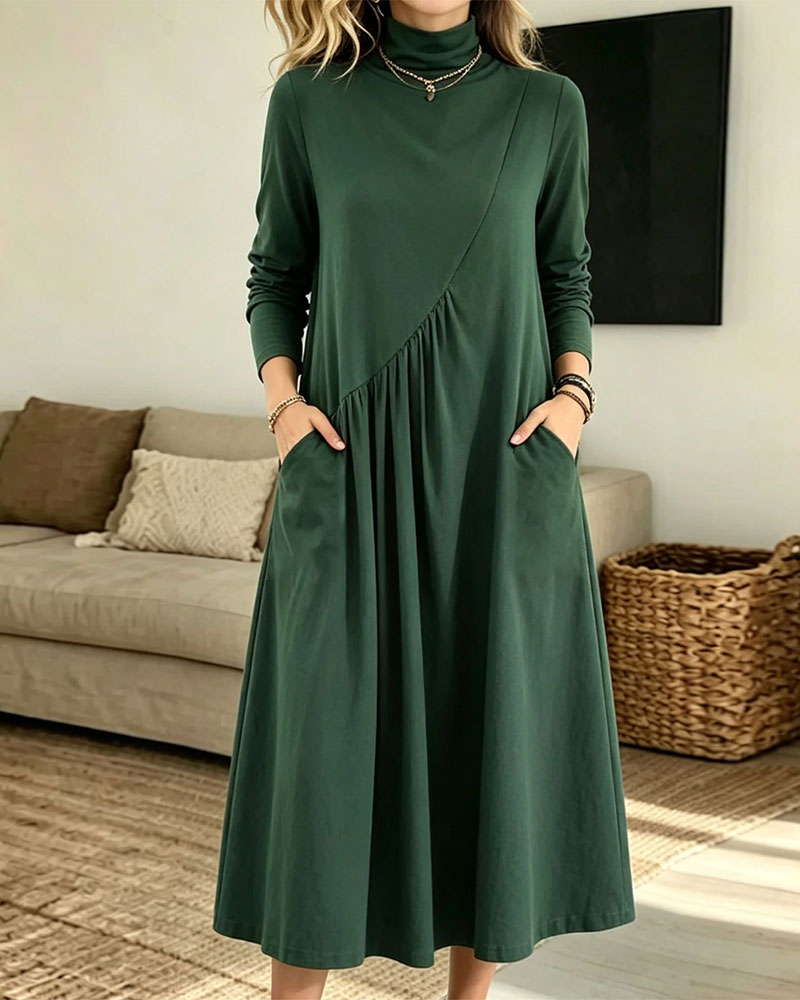 Robe Maxi à Col Montant avec Poches Froncées