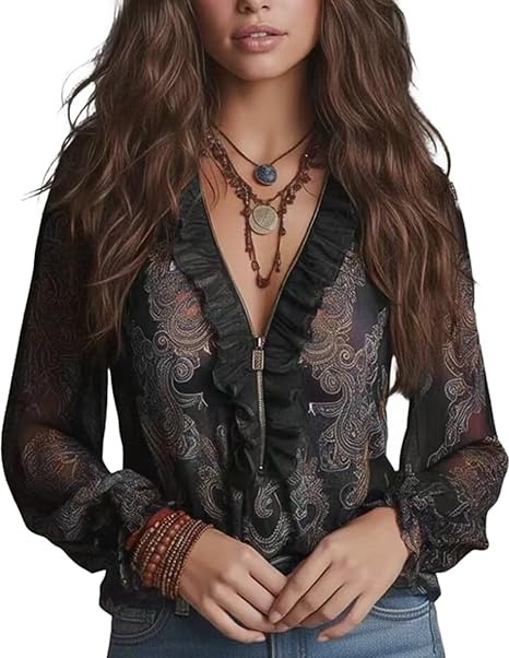 Elise | Top à volants avec imprimé paisley baroque