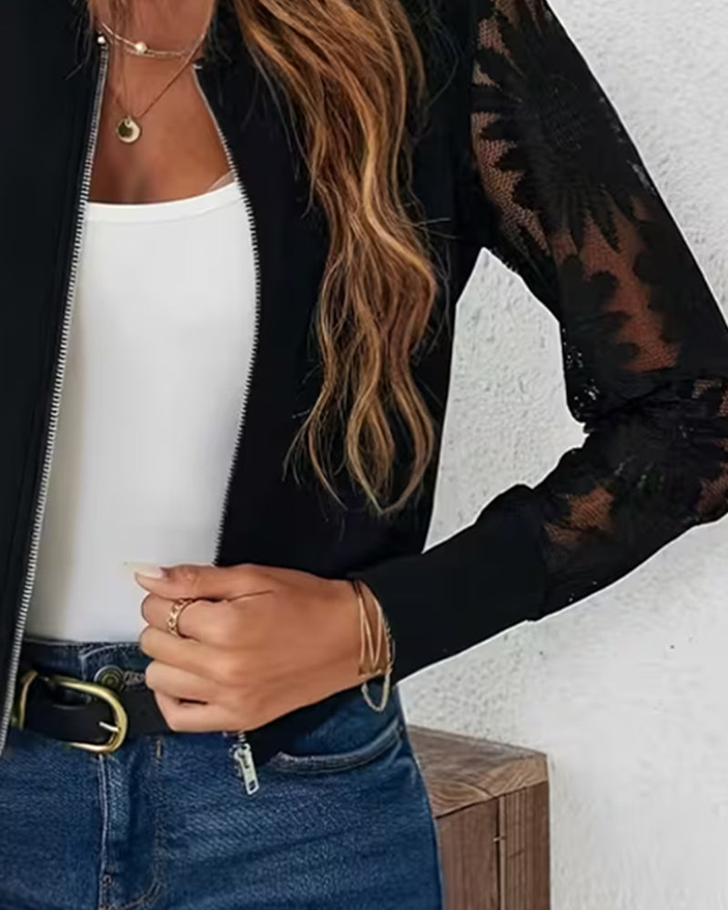 Manteau Fermeture Éclair Dentelle Panneau Unie