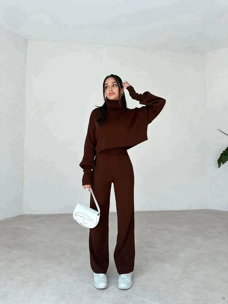 Ensemble Femme Deux Pièces Pull Col Montant Oversize Pantalon Droit