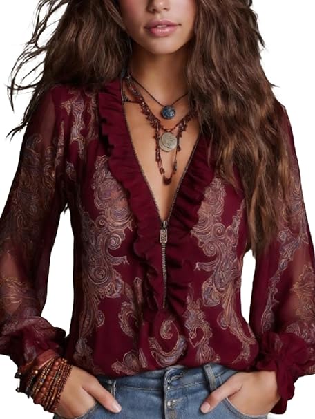 Elise | Top à volants avec imprimé paisley baroque
