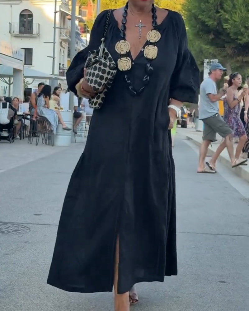 Robe Col V Poche Jupe Ample Lâche Unie