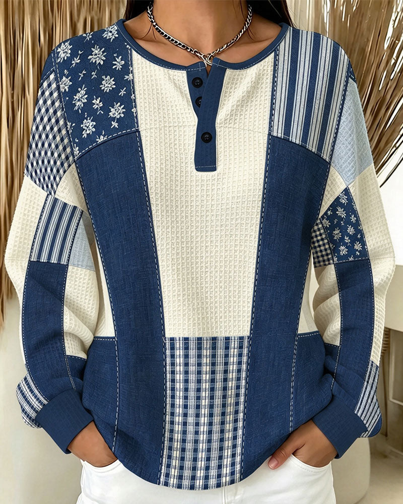 Sweat-shirt à Col Rond avec Boutons et Imprimé Floral à Carreaux