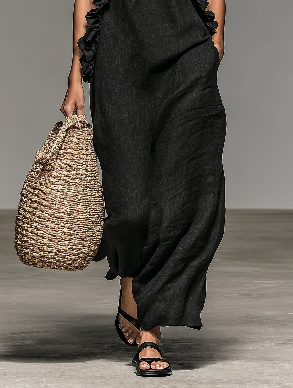 Robe Maxi Dames avec Volant Sans Manches d'Été