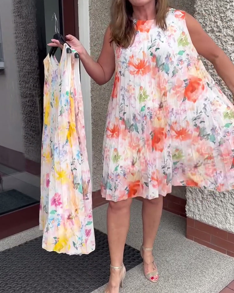 Robe Fleurie Plissée Sans Manches