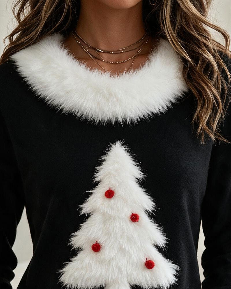 Haut Color-Block avec Motif Arbre de Noël Col Rond