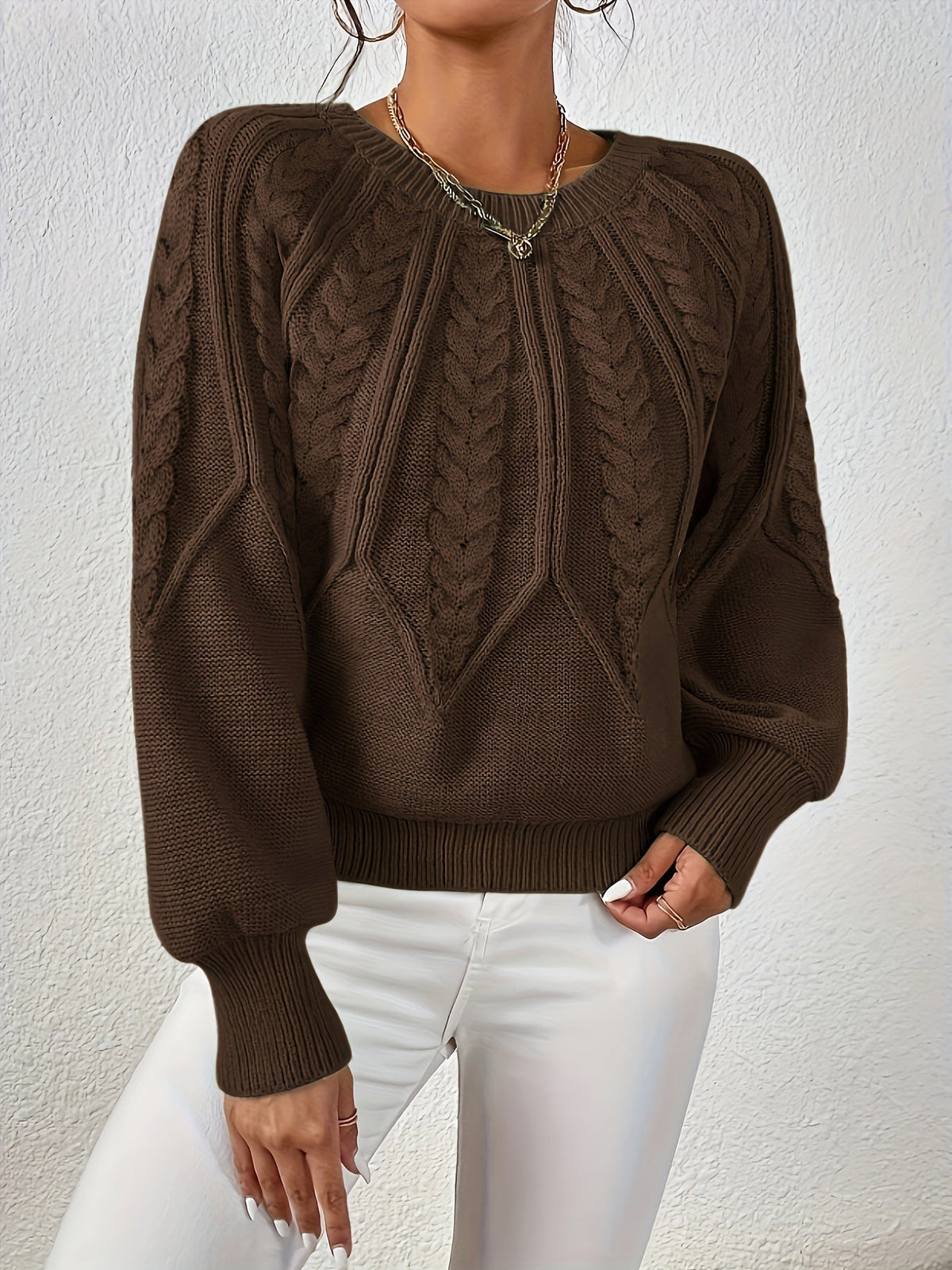 Pull en Tricot à Câbles pour Femme avec Col Rond et Manches Raglan