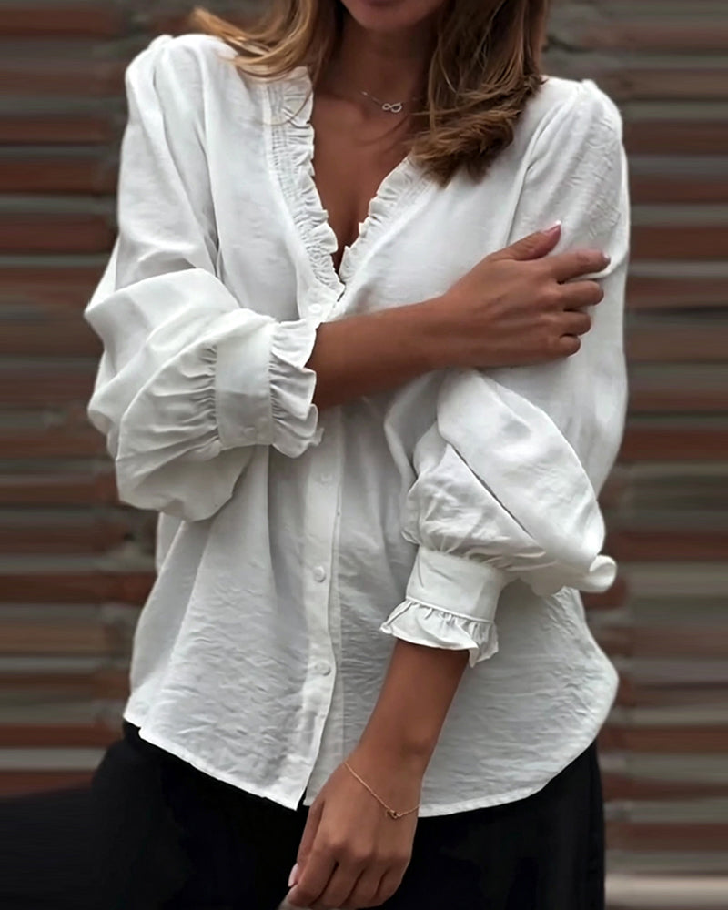 Blouse Col En V Bouton Devant Volant Manches Ballon