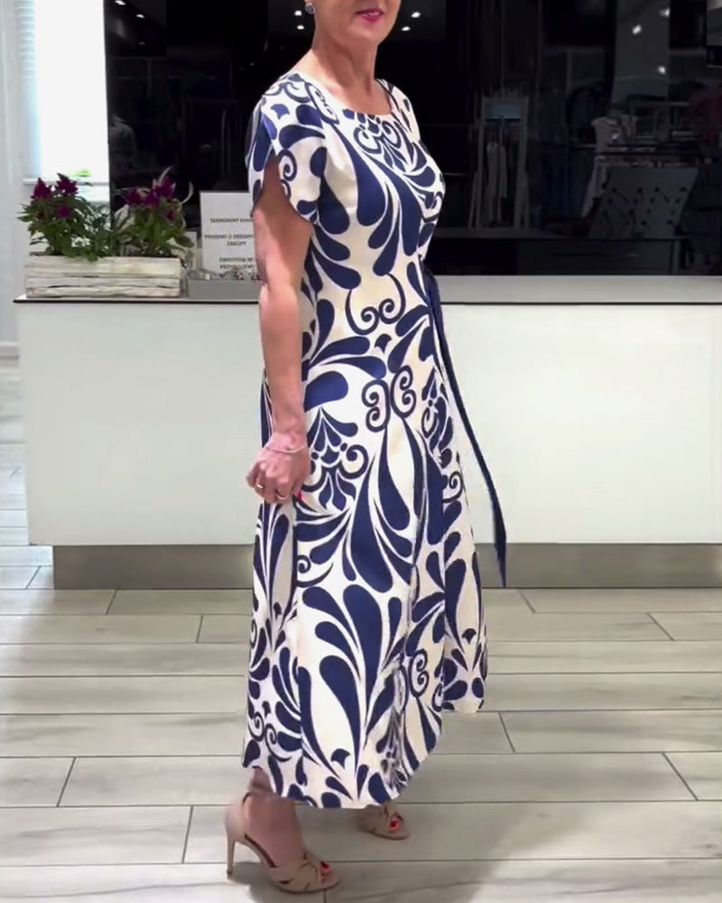 Robe élégante à imprimé contrasté à manches courtes