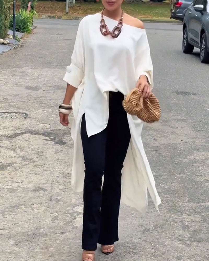 Blouse Col Asymétrique Irrégulier Fente Manche Coude