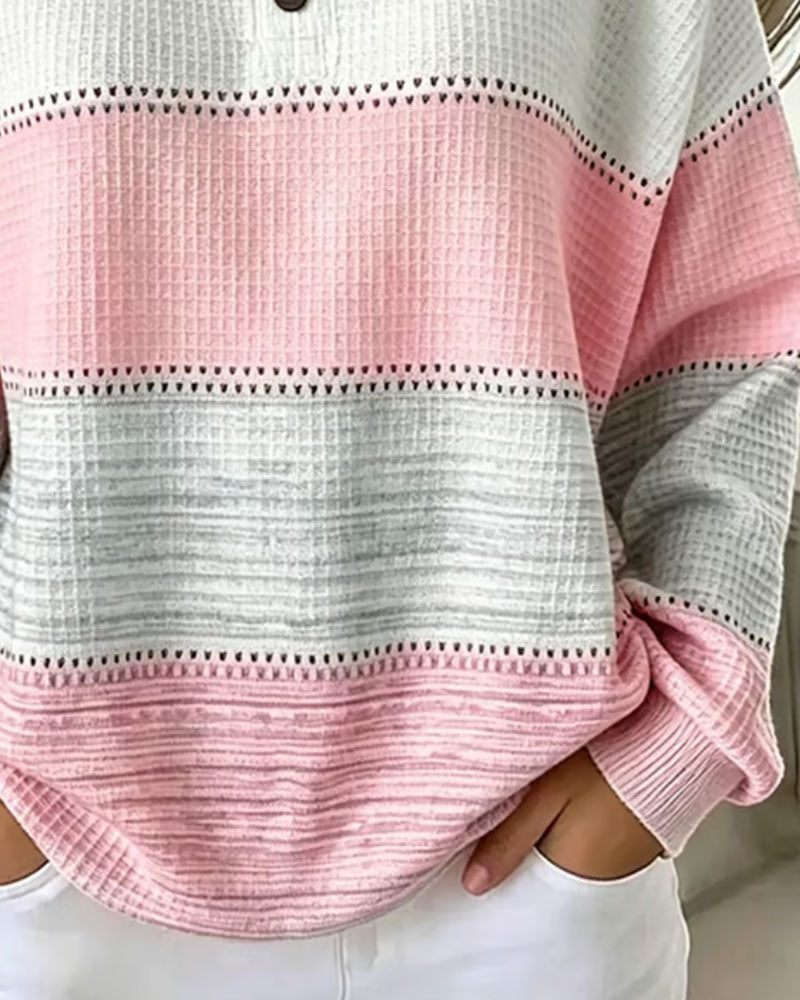 Sweat-shirt à col rond en maille avec boutons et blocs de couleur