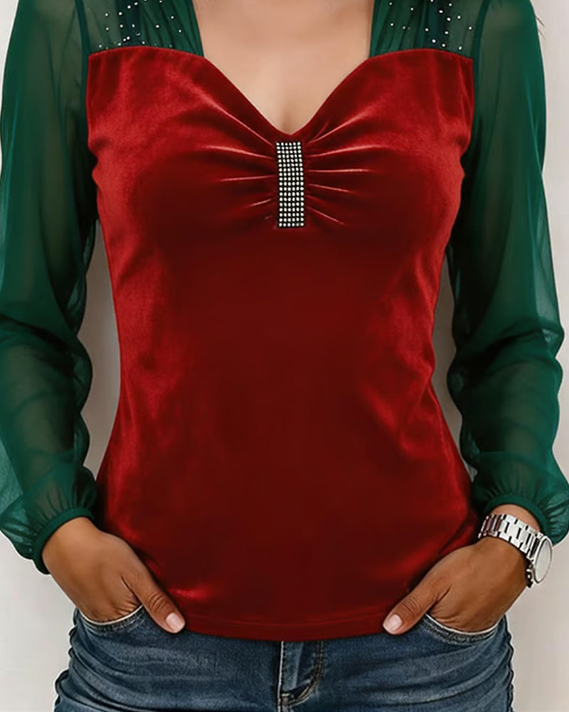 Blouse Slim-Fit à Encolure en V et Tissu Plissé Coloré