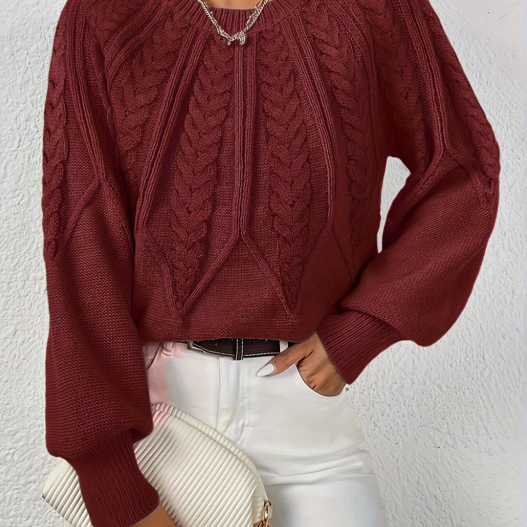 Pull en Tricot à Câbles pour Femme avec Col Rond et Manches Raglan