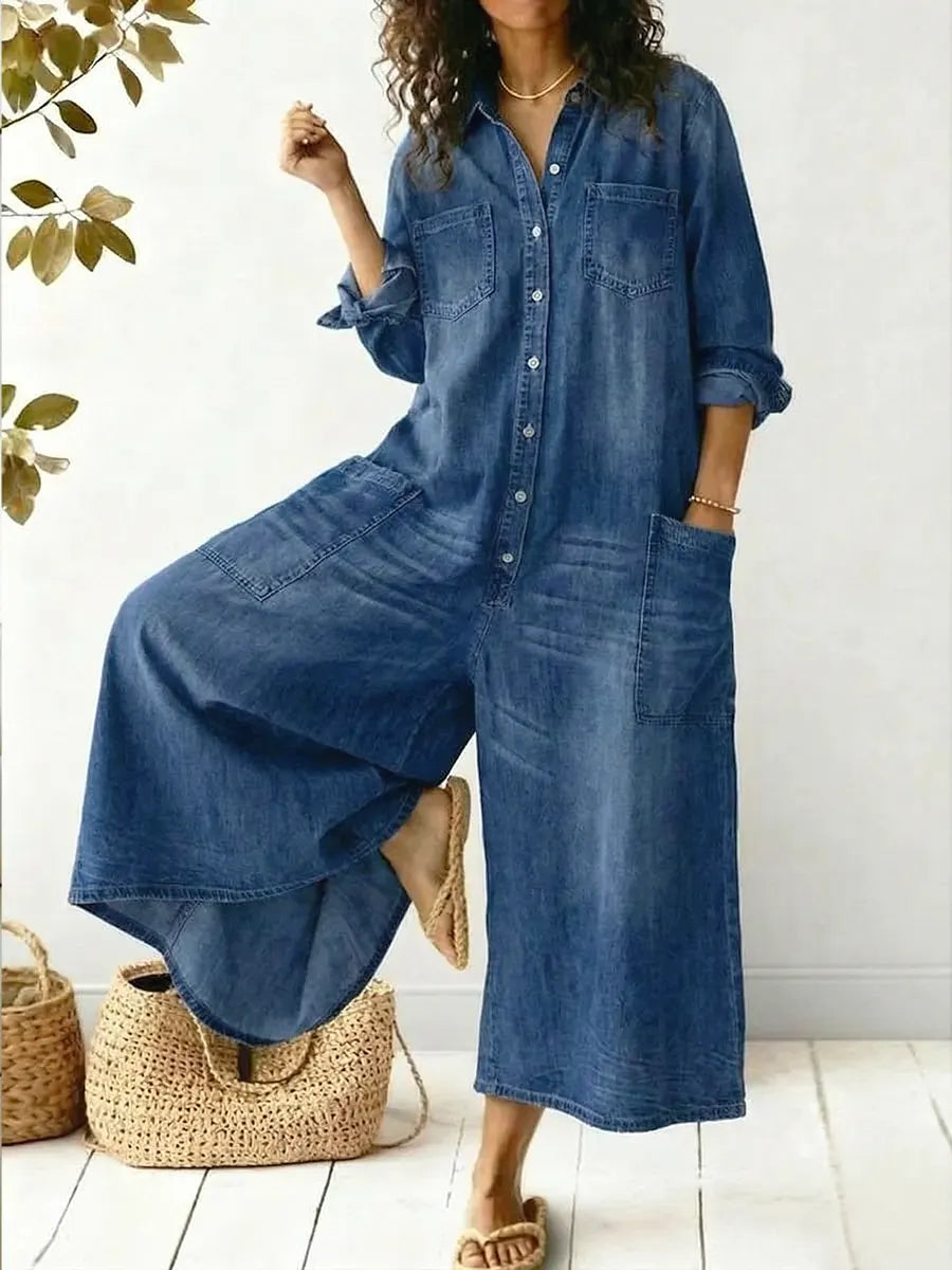 Combinaison Femme à Jambes Larges | Manches Longues Boutonnée