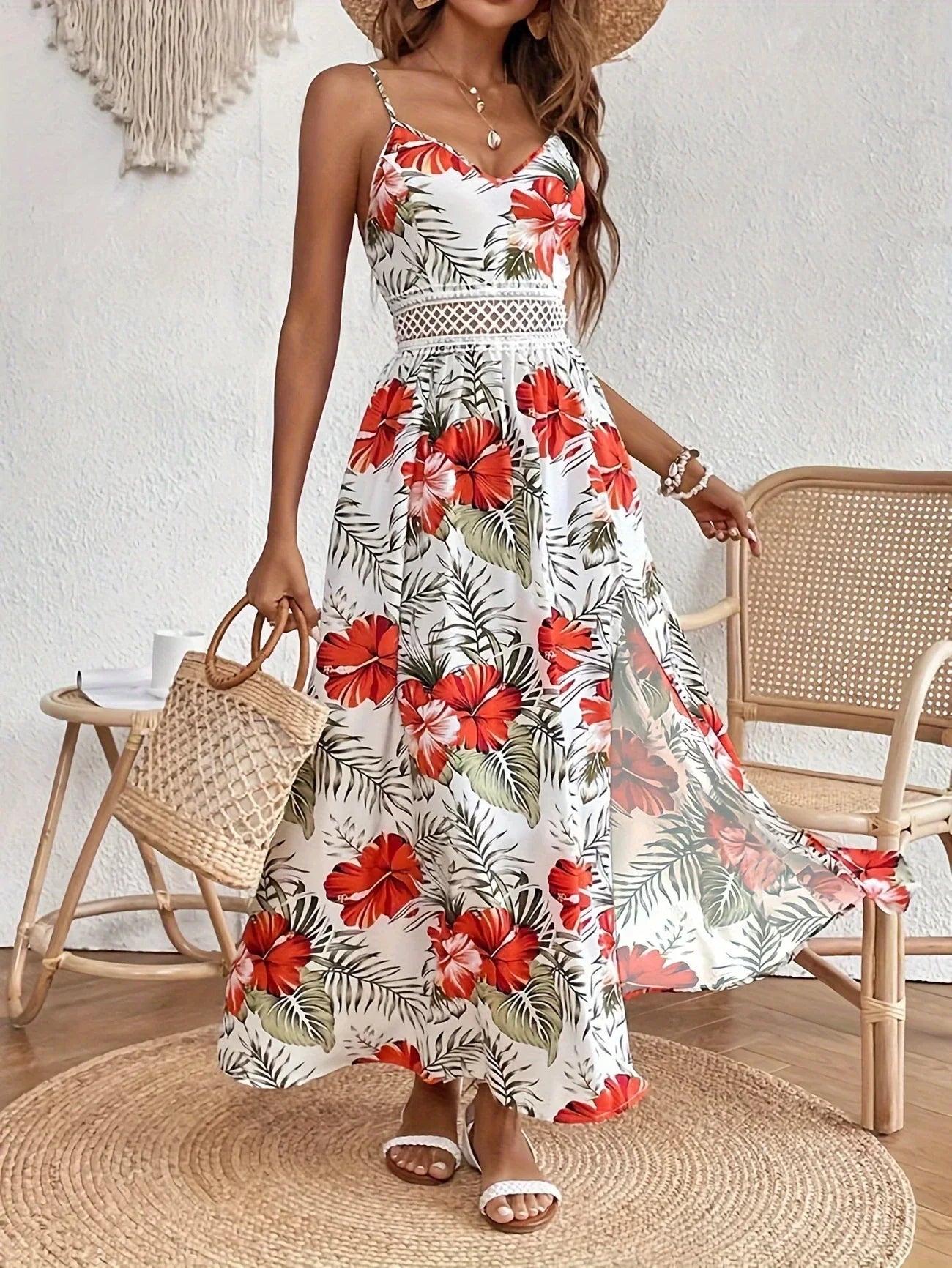 Robe Longue À Fines Bretelles Avec Imprimé Floral Et Fente Latérale Pour Femmes | Idéal Pour Été Et Vacances