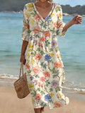 Robe midi femme coton-lin à imprimé floral et col V