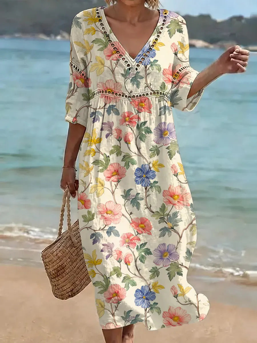 Robe midi femme coton-lin à imprimé floral et col V