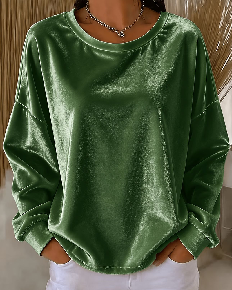 Blouse Col Rond Épaule Tombante Décontractée Manches Longues
