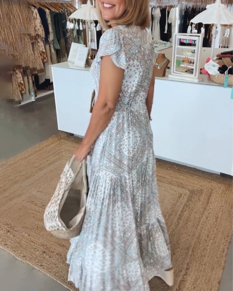 Robe à manches fendues en V imprimée pour les vacances