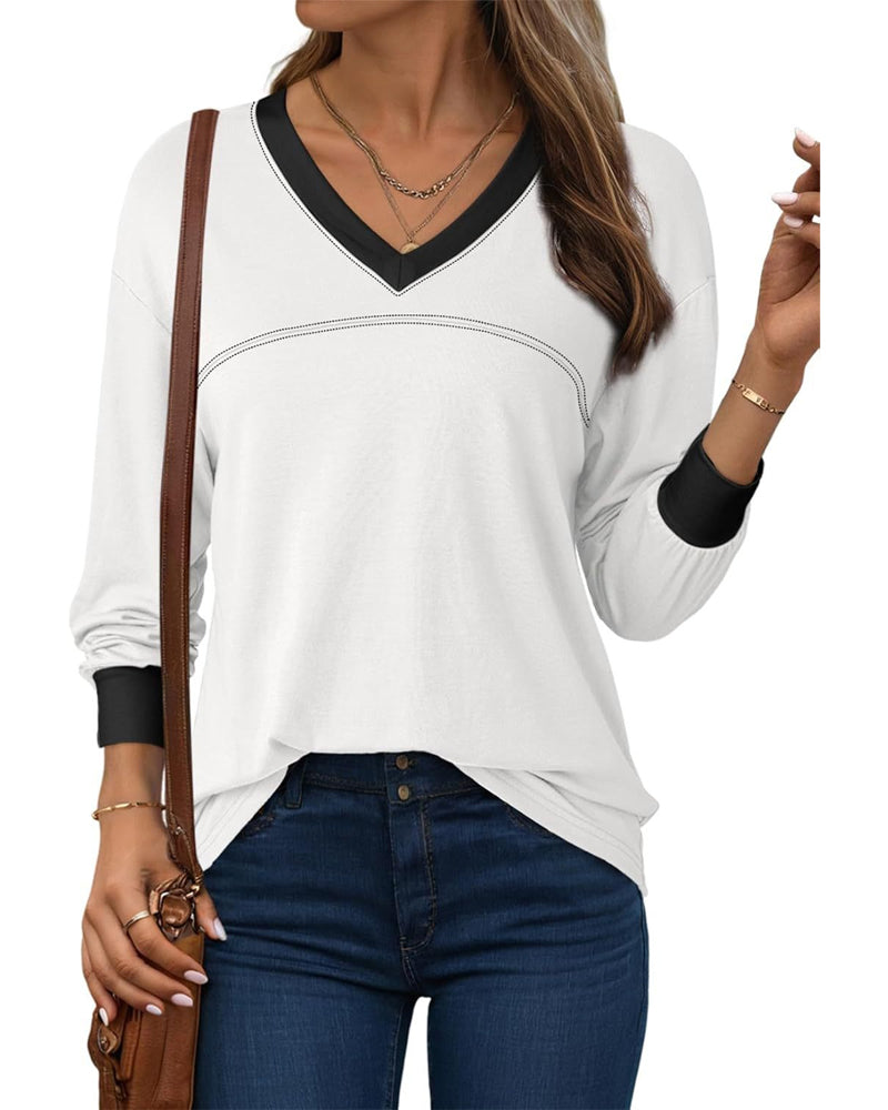 Blouse Contraste Col En V Décontractée