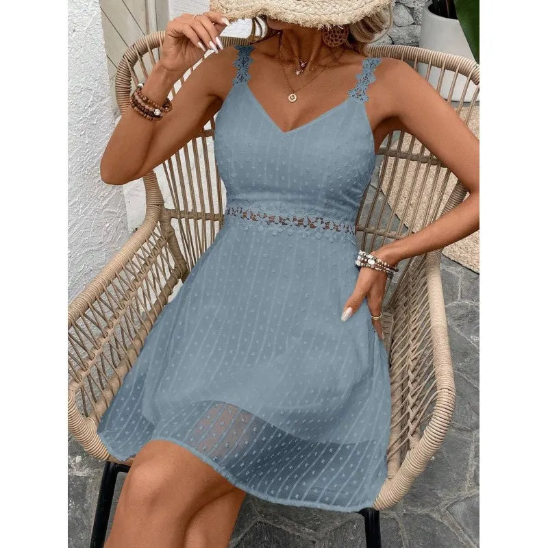 Robe mini femme à bretelles dentelle et pois plumetis