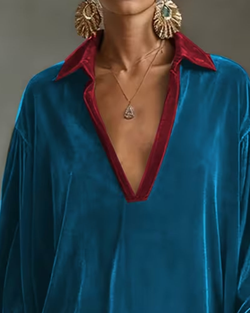 Robe Col V Revers Contraste Frange