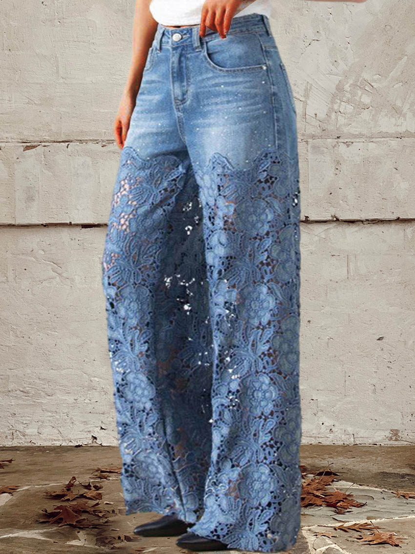 Celeste™ - Jeans mi-hauteur en dentelle et patchwork