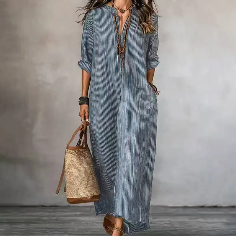 Robe maxi femme rayée avec col V et manches longues
