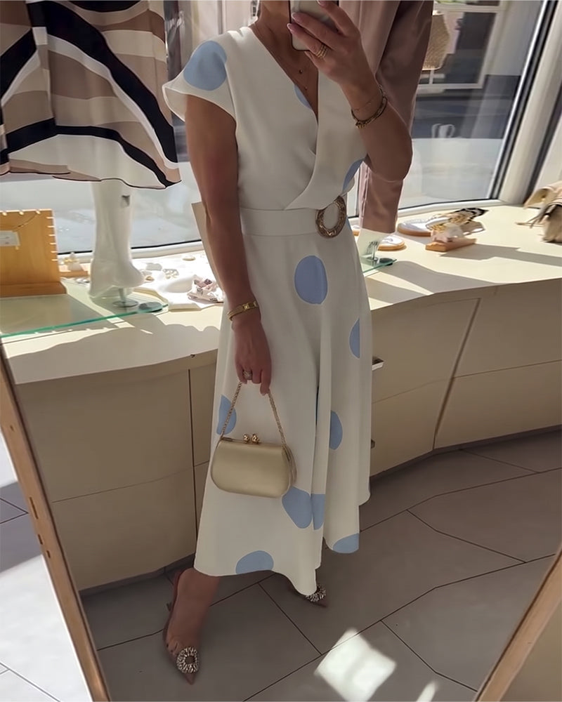 Robe Cintrée à Pois avec Décolleté en V