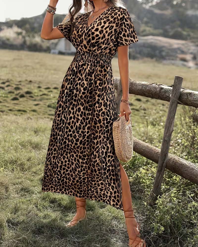 Robe Léopard Col V Taille Élastique Ligne A